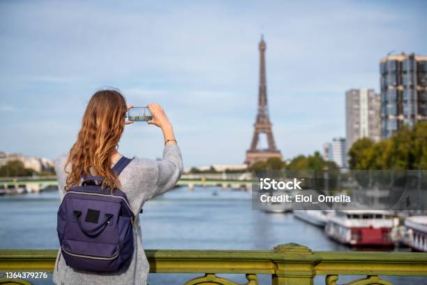 Tourist Taking Photo Of Eiffel Tower In Paris Stock Photo - Download Image Now - Paris - France, Women, People