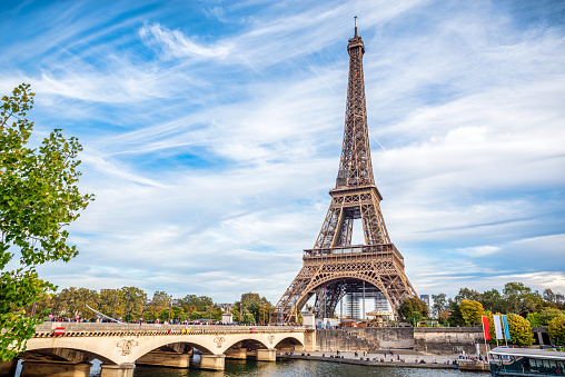 The Eiffel tower from the river Seine in Paris in the afternoon, France