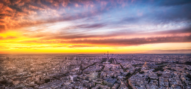 Awesome panoramic aerial view of the sunset in Paris, France