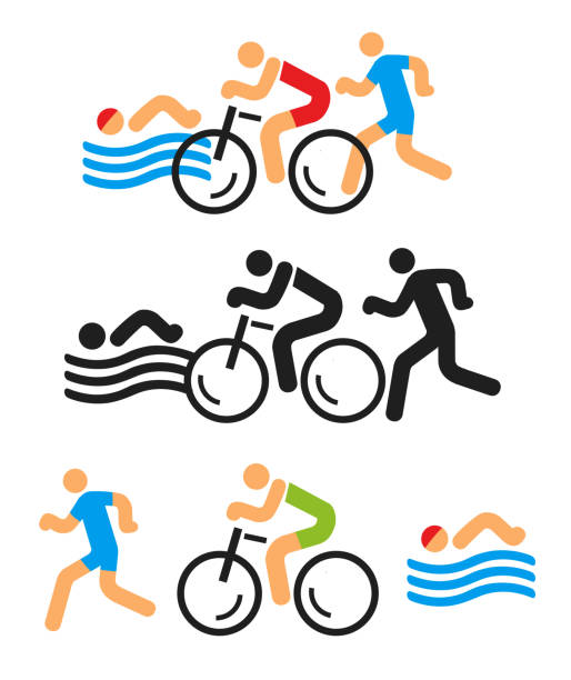 ilustraciones, imágenes clip art, dibujos animados e iconos de stock de iconos de la natación en bicicleta de triatlón. - triathlon sport symbol swimming