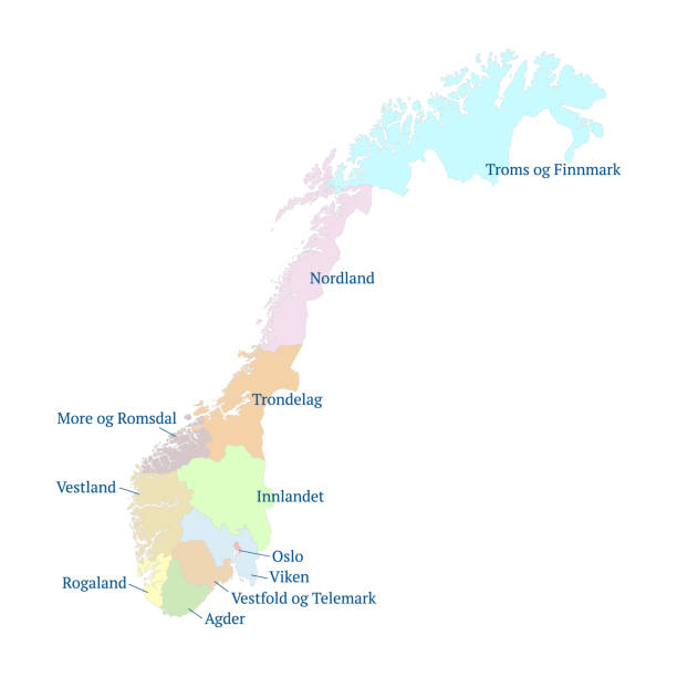 illustrazioni stock, clip art, cartoni animati e icone di tendenza di mappa vettoriale della norvegia. le divisioni amministrative e le contee entreranno in vigore il 1° gennaio 2020. il tutto isolato su sfondo bianco. modello per design e infografica. vettore - map of norway