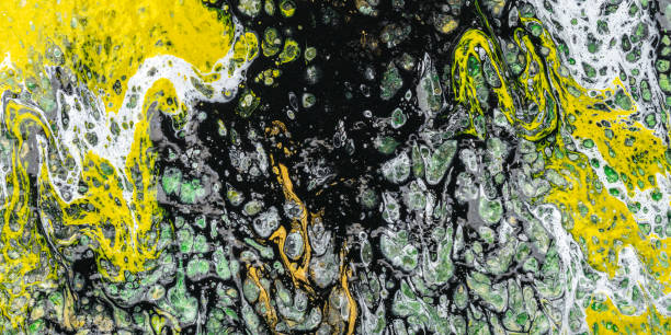 istock Liquid paints on canvas. Black, green and yellow ink texture, swirl pattern, painted background, modern drawing. Multicolor pattern. Watercolor painting design. 1364383320