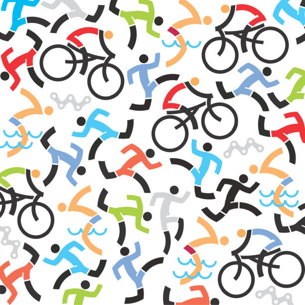 ilustraciones, imágenes clip art, dibujos animados e iconos de stock de fondo de iconos de triatlón. - triathlon sport symbol swimming