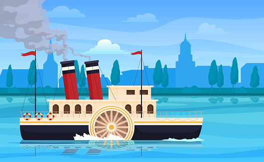 Retro steamboat floating on sea river water at antique city silhouette vector flat illustration. Passenger ferry boat with wheel and pipe smoke navy vessel cruise travel. Maritime cargo transportation