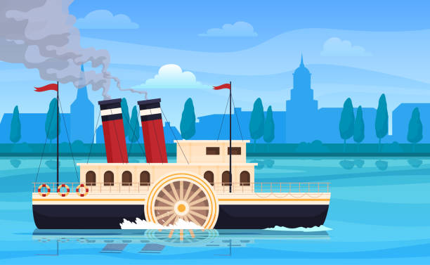 Retro steamboat floating on sea river water at antique city silhouette vector flat illustration Retro steamboat floating on sea river water at antique city silhouette vector flat illustration. Passenger ferry boat with wheel and pipe smoke navy vessel cruise travel. Maritime cargo transportation passenger craft stock illustrations