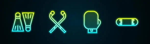 Vector illustration of Set line Rubber flippers for swimming, Ice hockey sticks, Boxing glove and Skateboard trick. Glowing neon icon. Vector