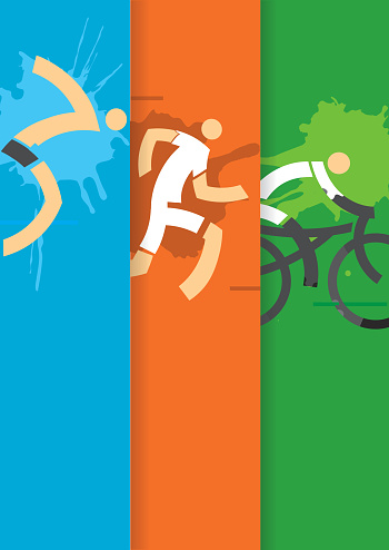 Colorful background with triathlon athletes. Banner template. Vector available.