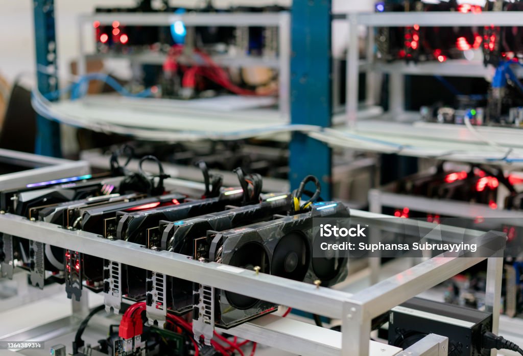 Bitcoin mining farm.  Rig for cryptocurrency miner Cryptocurrency Mining Stock Photo