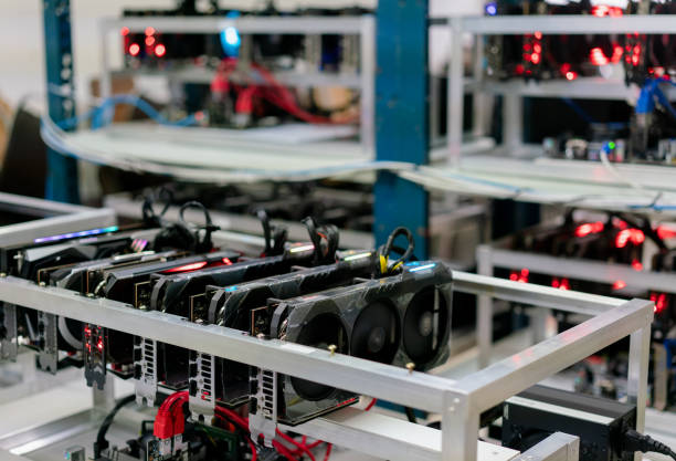 Bitcoin mining farm.  Rig for cryptocurrency miner stock photo