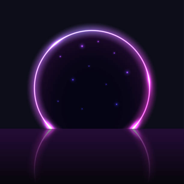 istock Neon arch gate, purple glowing portal to galaxy pace. Light glow effect, round neon door opening with starry night sky. Magic fantasy or techno futuristic portal. vector illustration 1364389329