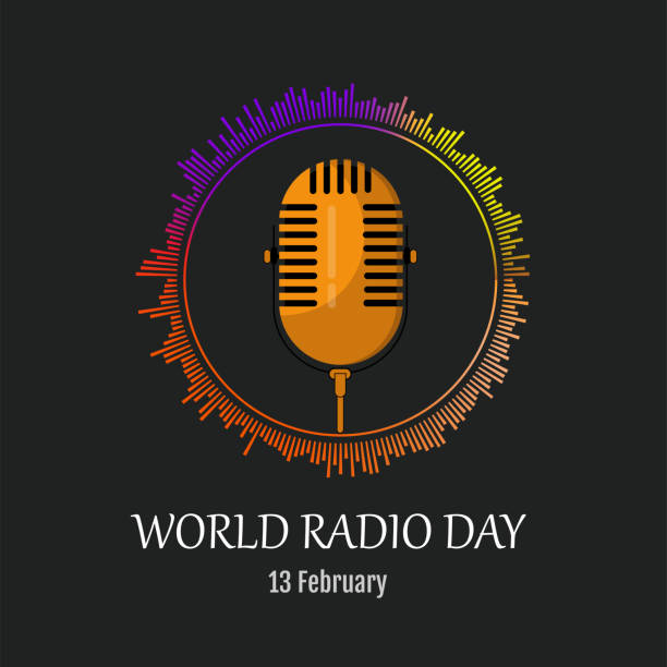 World radio day Microphone surrounded by colored audio spectrum . World radio day concept. February 13th. rockefeller center illustration stock illustrations