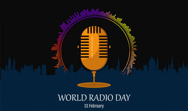 World radio day Microphone surrounded by colored audio spectrum . World radio day concept .february 13th.On city silhouette in dark tones. rockefeller center illustration stock illustrations