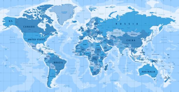 High Detailed Vector Political World Map Miller Cylindrical Projection Map Illustration eurasia stock illustrations