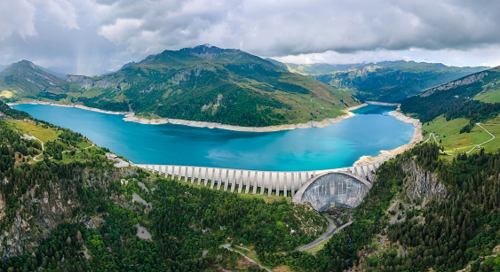 Panoramic drone view of Koelnbrein Dam in the Hohe Tauern range, a part of the hydroelectric power plant in Municipality Malta, Carinthia, Austria.