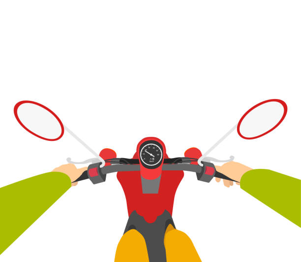 istock A man rides a red moped isolated on a white background. First person view. Flat style. Vector illustration 1364393885