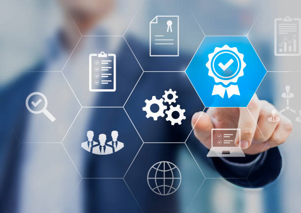 istock Certification and standardization process, iso certified business, conformity to international standards and quality assurance concept. Person touching certificate icon. 1364393941