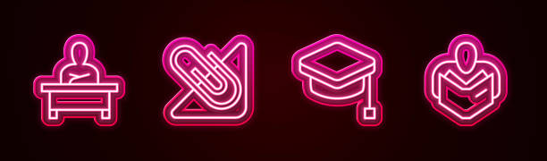 istock Set line Schoolboy sitting at desk, Paper clip, Graduation cap and Man reading book. Glowing neon icon. Vector 1364393965