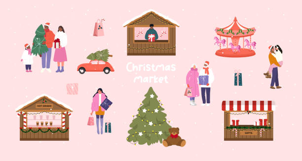 weihnachtsmarkt. die leute kaufen weihnachtsgeschenke. vektor - weihnachtsmarkt stock-grafiken, -clipart, -cartoons und -symbole