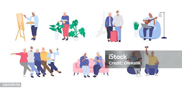 istock Seniors, elderly people having fun together. Healthy and active lifestyle. Hobby. Grandmother and grandfather. Vector 1364394116