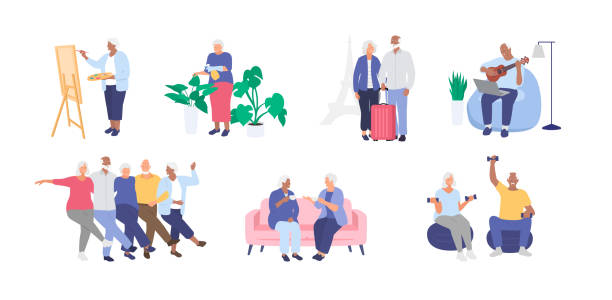 Seniors, elderly people having fun together. Healthy and active lifestyle. Hobby. Grandmother and grandfather. Vector Seniors, elderly people having fun together. Healthy and active lifestyle. Hobby. Grandmother and grandfather. Vector illustration senior adult stock illustrations