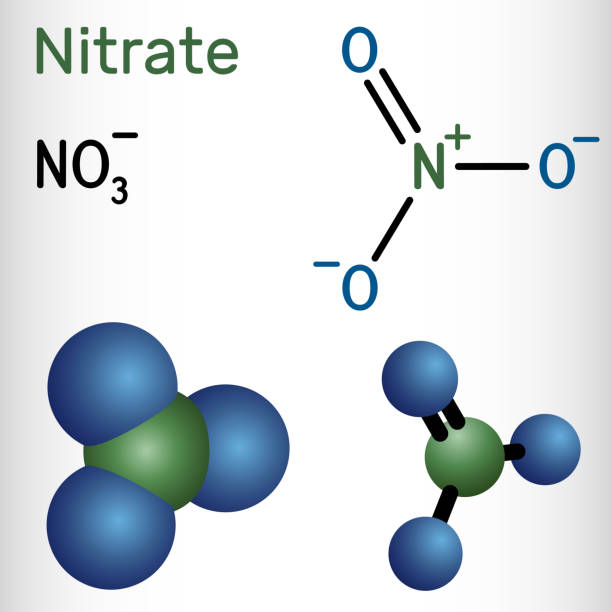 Nitrate anion molecule. Nitric acid salts containing this ion are called nitrates. Structural chemical formula and molecule mode Nitrate anion molecule. Nitric acid salts containing this ion are called nitrates. Structural chemical formula and molecule model. Vector illustration nitrate chemical formula stock illustrations