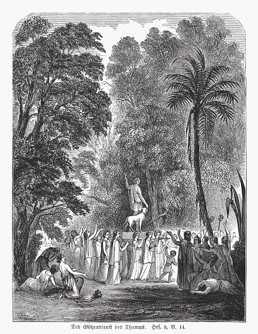 The idolatry of Tammuz (Ezekiel 8). Wood engraving, published in 1862.