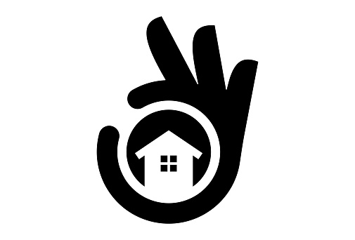 Best Real Estate Agency Minimal Logo Symbol Design. Vector Logo Template. A modern emblem of success hand gesture silhouette emblem and house icon. Isolated real estate Real Estate Agent logo symbol of a residence in a negative space. EPS10
