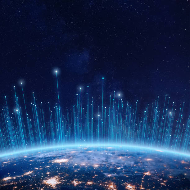 Communication technology with connections around Earth viewed from space. Internet, IoT, cyberspace, global business, innovation, big data science, digital finance, blockchain. Elements from NASA stock photo
