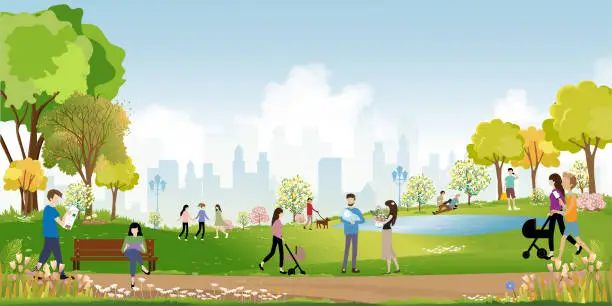 Vector illustration of Morning city park with family having fun in the park,boys walking the dog,man talking on phone, women sitting on bench, two guys reading a book under tree,City lifestyle of people in Summer time