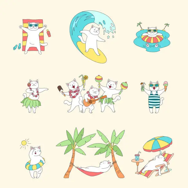 Vector illustration of Collection of cute kittens on summer vacation