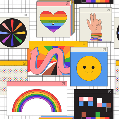 Lgbt pride month or lgbtq social issues event creative background seamless pattern for banner, print, poster, placard, social media advertisement, invitation, greeting or website in trendy 90s style.
