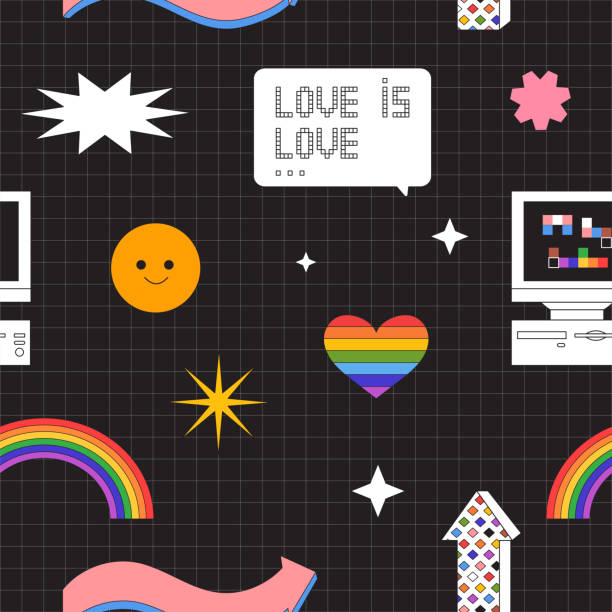 ilustrações de stock, clip art, desenhos animados e ícones de lgbt pride month or lgbtq social issues event creative background seamless pattern for banner, print, poster, placard, social media advertisement, invitation, greeting or website in trendy 90s style. - gay pride spectrum backgrounds textile