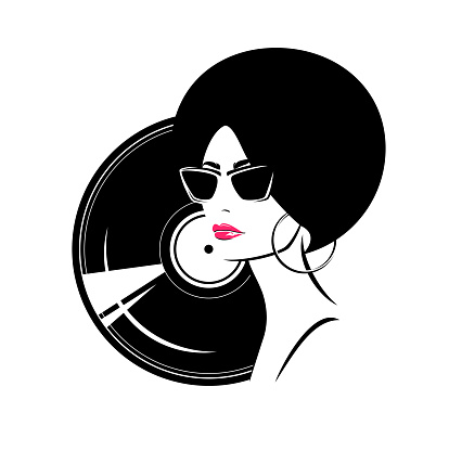 vinyl music record disk and beautiful stylish woman with funky hairstyle, red lipstick and sunglasses - old school acoustic audio revival concept vector portrait