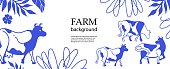 istock Horizontal agricultural background. Cow silhouettes. White and blue banner. 1364413280