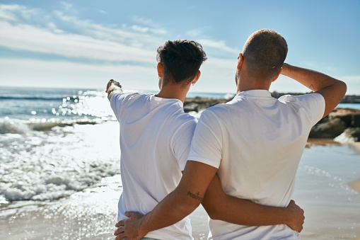 Young gay couple on back view looking to the horizon at the beach.