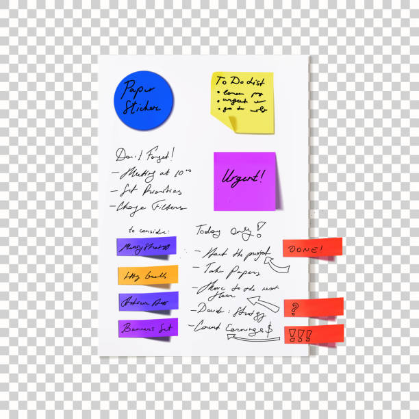 kumpulan vektor stiker memo berwarna-warni di lembar kertas putih, konsep klarifikasi, lingkaran, persegi dan persegi panjang. - tugas makalah ilustrasi stok