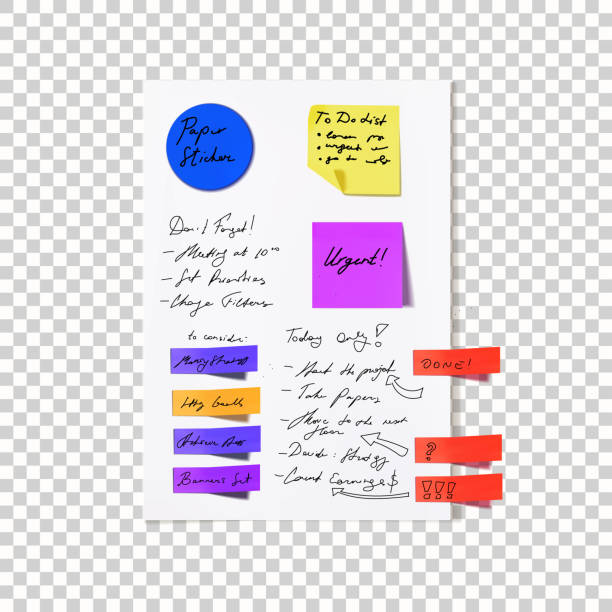 Vector Set of Colorful Memo Stickers on White Paper Sheet, Clarifying Concept, Circle, Square and Rectangular. Vector Set of Colorful Memo Stickers on White Paper Sheet, Clarifying Concept, Circle, Square and Rectangular Sticky Notes. colorful page borders stock illustrations