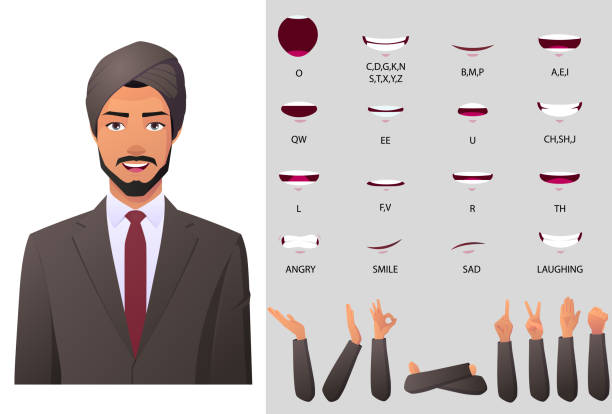 illustrazioni stock, clip art, cartoni animati e icone di tendenza di uomo d'affari indiano che indossa l'animazione della bocca del turbante e il set di sincronizzazione delle labbra con i gesti delle mani - playback