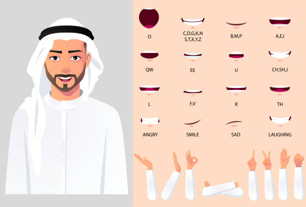 illustrazioni stock, clip art, cartoni animati e icone di tendenza di arab man character mouth animation an had gestures for animation and lip sync, uomo d'affari che indossa un panno bianco e turbante - playback