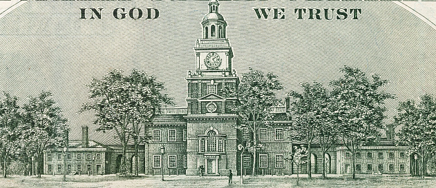 Drawing of the independence house on the $100 bill.
