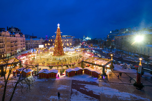Christmas fair and Christmas tree on the central square in Kiev, Ukraine.
