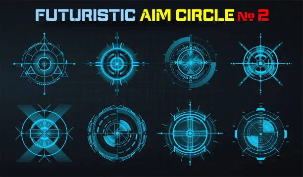 Vector illustration of Modern aiming system ui, ux, hud. Futuristic optical aim target and hologram frames. Military collimator sight, gun targets focus range indication. A set of abstract circles, digital technologies