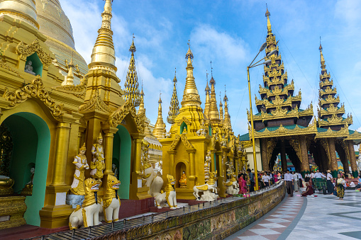 Shwedagon Pagoda (officially named Shwedagon Zedi Daw) and also known as the Great Dagon Pagoda.  A  gilded stupa located in Yangon, Myanmar.