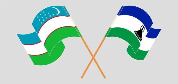 Vector illustration of Crossed and waving flags of Uzbekistan and Kingdom of Lesotho