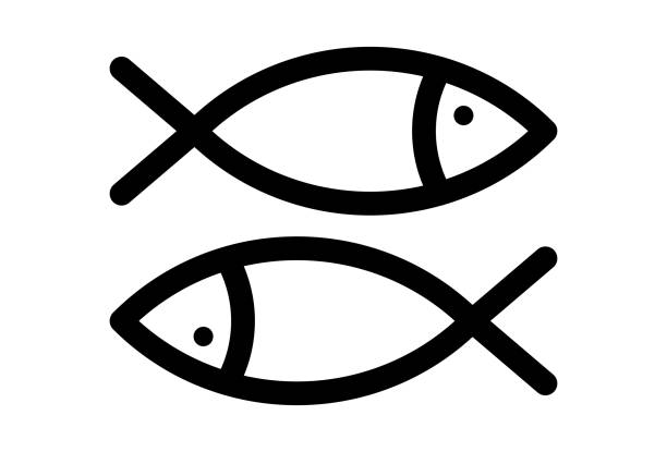 istock Two Fishes Jesus Lives Minimal Logo Symbol Design. Vector Logo Template. A modern emblem of fish silhouette fishing seafood restaurant. Fresh organic salmon, tuna, lobster, goldfish. EPS10 1364423714