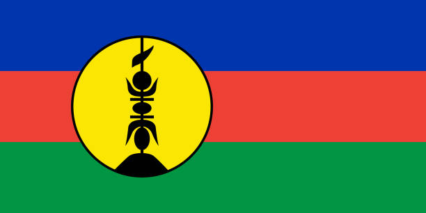 National Flag New Caledonia, horizontal tricolour of blue, red, and green charged with a yellow disc outlined in black and defaced with a black fleche faitiere National Flag New Caledonia, horizontal tricolour of blue, red, and green charged with a yellow disc outlined in black and defaced with a black fleche faitiere fleche stock illustrations