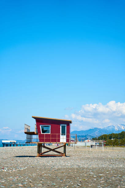 istock Lifeguard observation post on an empty beach out of season 1364423995