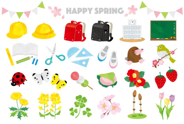 illustrazioni stock, clip art, cartoni animati e icone di tendenza di illustrazione in stile acquerello con l'immagine della primavera in giappone - randoseru