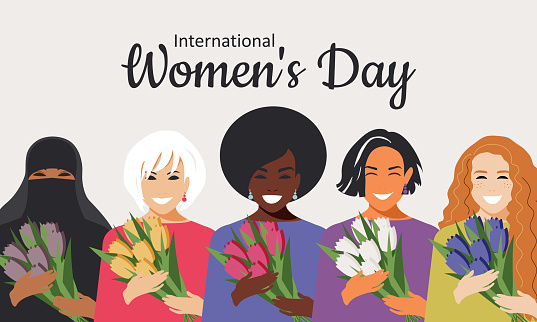 Poster with International Women's Day. Crowd of modern women of different nationalities and religions in flat design style. Women smile with happiness and hold tulips in their hands. Vector.