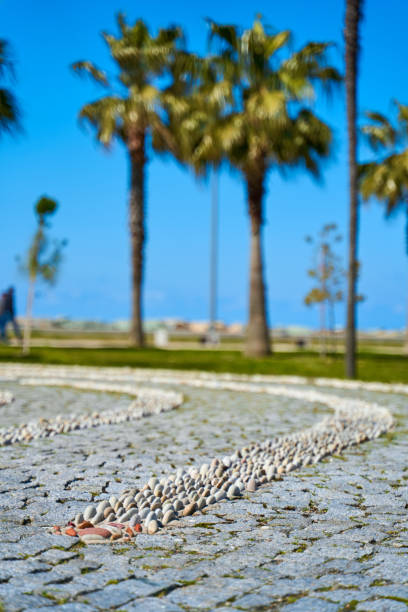 A trail made of small stones for foot massage on the promenade by the sea A trail made of small stones for foot massage on the promenade by the sea. reflexology stone massaging human foot stock pictures, royalty-free photos & images